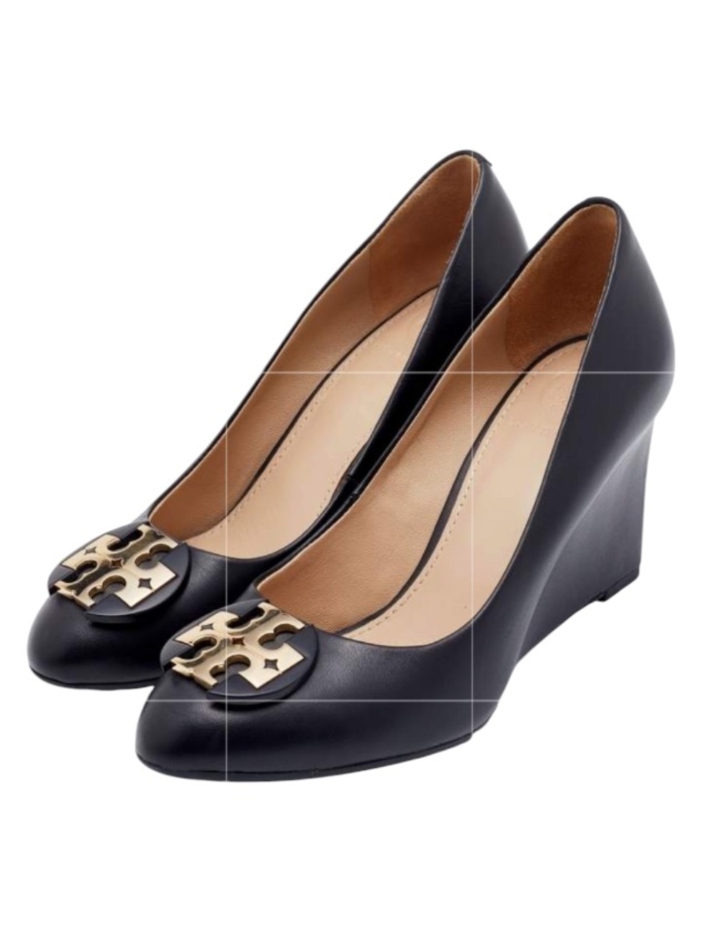 Tory Burch Women’s Black Leather 2.5” Wedge Heel Pumps with Gold Logo Sz 6